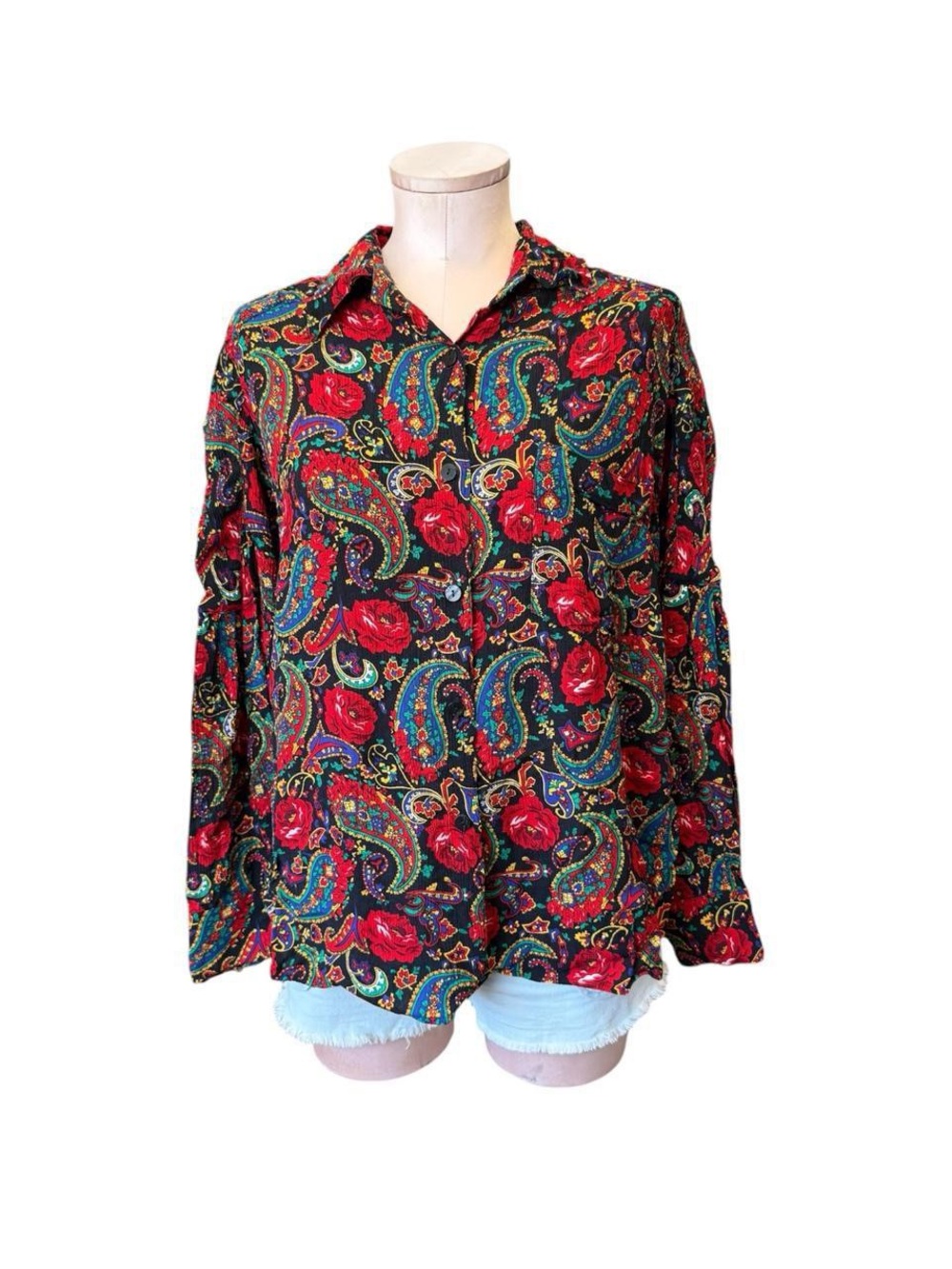 Vtg 80s 90s Chaus Black Paisley Floral Button Up Shirt